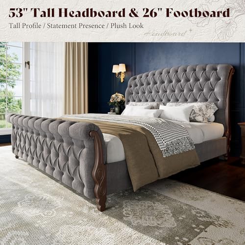 Image of AMERLIFE Upholstered King Bed Frame, 53 inch Tall Sleigh Bed with Button Tufted Chenille Headboard and Footboard, Platform Bed with Carved Solid Wood Legs, No Box Spring Needed, Dark Gray