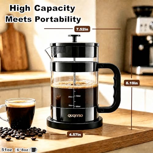 Image of QUQIYSO French Press Coffee Maker 51oz, Large French Press, Thickened Glass | Borosilicate Glass Plastic Free Coffee Maker, Easy to Clean,4 Filter, Coffee Press Suitable for Kitchen Party(Dark Pewter)