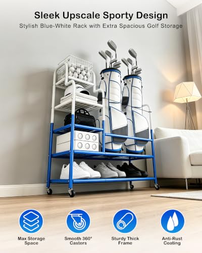 Image of Golf Bag Storage Garage Organizer for 2 Bags, Golf Storage Rack with Wheels | 50% More Space Multi-Zone,All-In-One 5tier Compact,Extra Bottom Storage,4 360 Casters,Movable Basket,Small Garage,Heavy-Duty