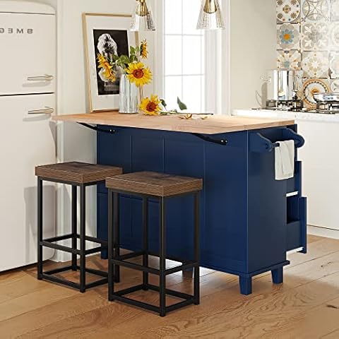BEROXII Farmhouse Kitchen Island Set with Drop Leaf and 2 Seatings,Dining Table Set with Storage Cabinet, Drawers and Towel Rack, Blue+Black+Brown Cover