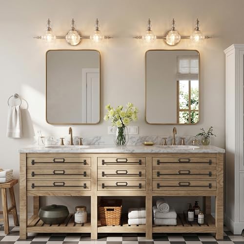 Image of Bathroom Vanity Light Fixtures, Farmhouse Vintage Wall Sconce Lighting with Glass Shade, Bath Vintage Wall Mounted Lamps for Mirror (3 Lights, Brushed Nickel, G9 Base)