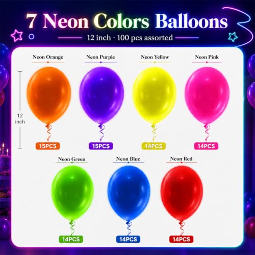 Image of 100 Pcs UV Neon Balloons, Neon Glow Party Balloons UV BlackLight Balloons glow in the dark party supplies for Birthday Decorations Wedding Glow Party Supplies Light up Balloons