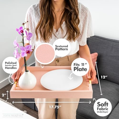 Home Redefined Modern Elegant 18"x12" Rectangle Baby Pink Tray Glossy Shagreen Faux Leather Decorative Ottoman Coffee Table Perfume Dresser Kitchen Serving Tray with Gold Polished Metal Handles.
