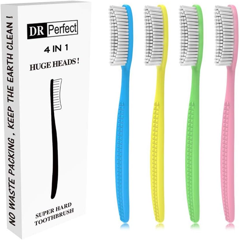 DR PERFECT Extra Hard & Firm Toothbrush Large Long Head Whitening Teeth Pack of 4
