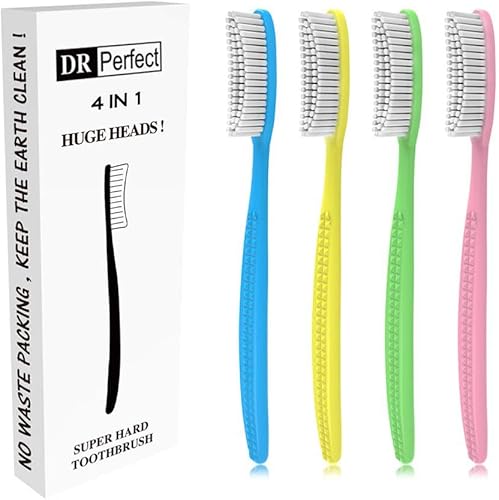 DR PERFECT Cepillo de dientes extra duro y firme, cabeza grande y larga, blanqueador, paquete de 4 unidades