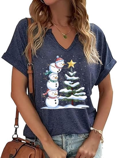 V Neck Merry Christmas Shirts for Women Bright Snowman Tree Graphic Blouse Winter Indoor Casual Tops Festival Tee