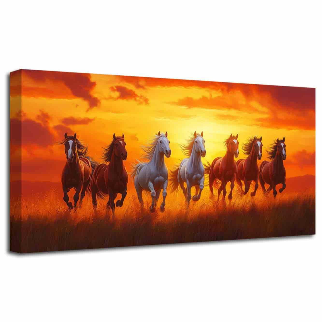 LZIMU Horses Wall Art 7 White Horses Running Picture Wildlife Painting Sunrise Wild Animals Canvas Prints Sunset Nature Landscape Poster Modern Artwork Home Decor (Red, (30L x 60W cm))