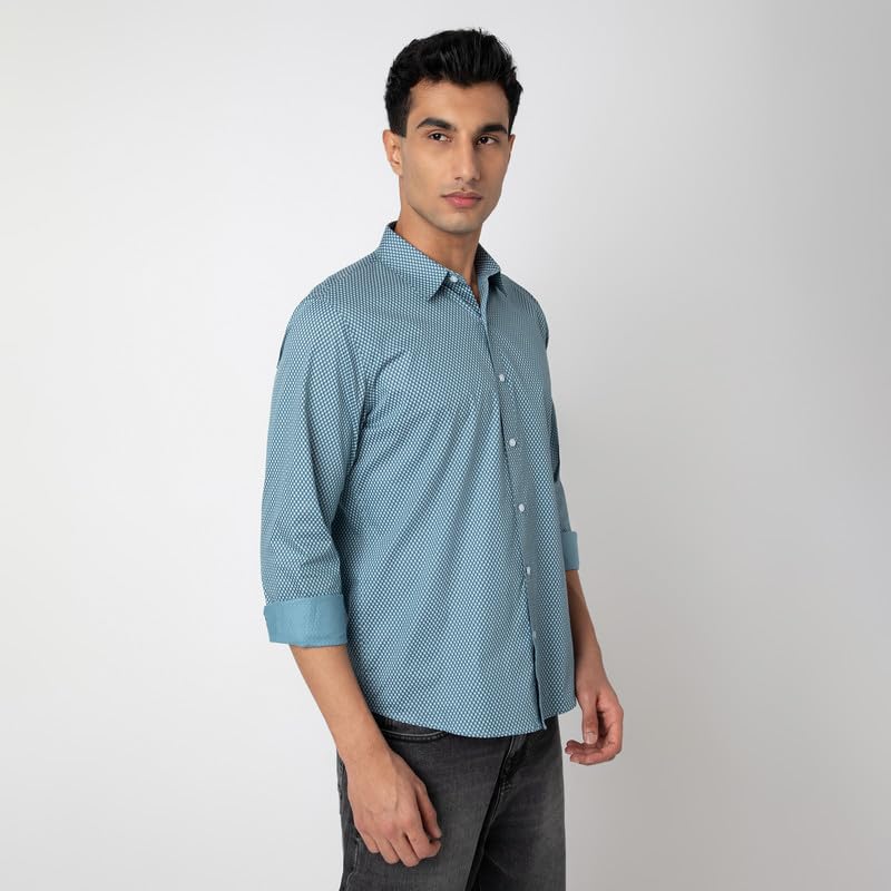 Image of MARK & ALBERT Men's Printed Full Sleeves Regular Fit Shirt Blue | 100% Cotton Stretchable Fabric