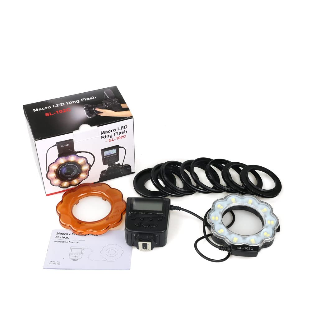 Marco Flash LED Ring compatibile con Canon, compatibile con Nikon Pentax, compatibile con fotocamere Olympus, con 8 supporti ad anello