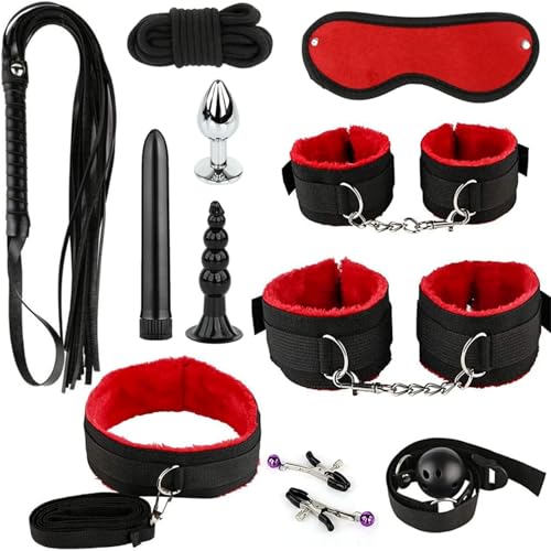 11PCS Bondage Set Erotic Suit Sex Bondage Toys for Couples Bed Restraints Set Adjustable Neck and Leg Cuffs Kit Sexy Swing Sex Restraintants Set with Anal Plug Trainer Kit (Red)