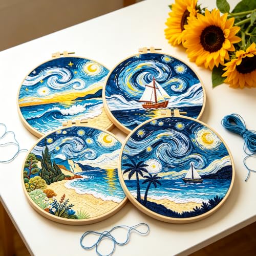 Image of BEUNITONE 4pcs Embroidery Kit, Starry Sky & Beach Stamped Embroidery Kits with Hoop, Thread & Needles, Cross Stitch Kits Sewing Gifts for Adults and Beginners, DIY Craft for Relaxation