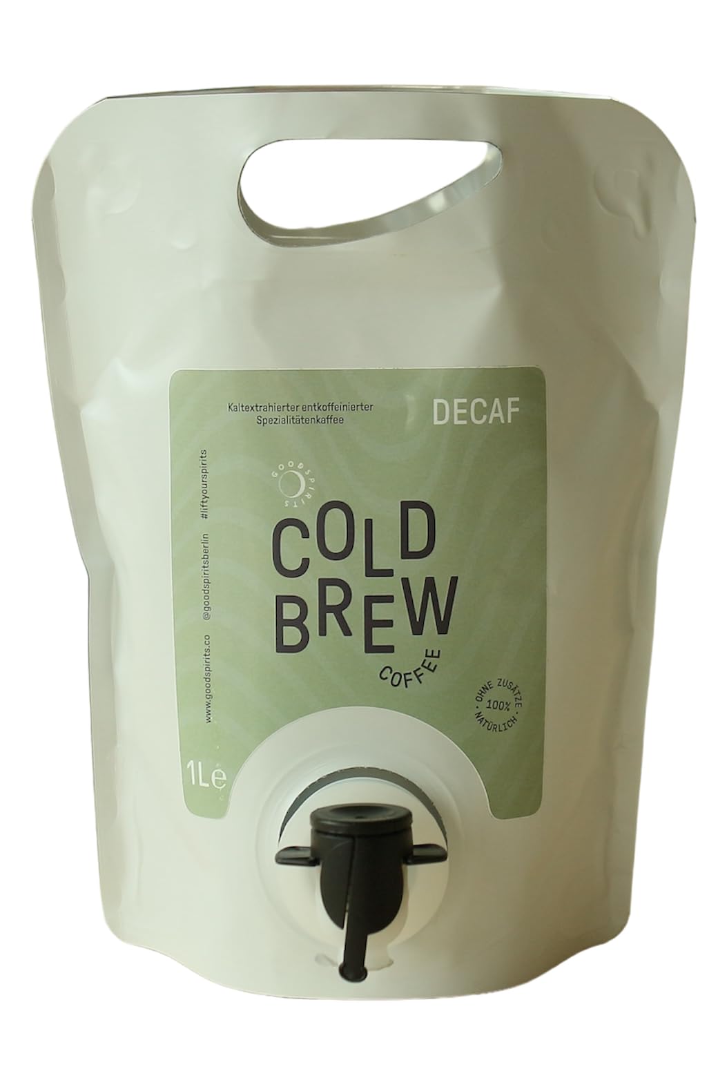 1 Liter Good Spirits Premium Decaf Cold Brew Coffee Koffeinfreies Kaffee Kaltgetränk Stand Up Pouch mit Zapfhahn für lange Haltbarkeit und Geschmack