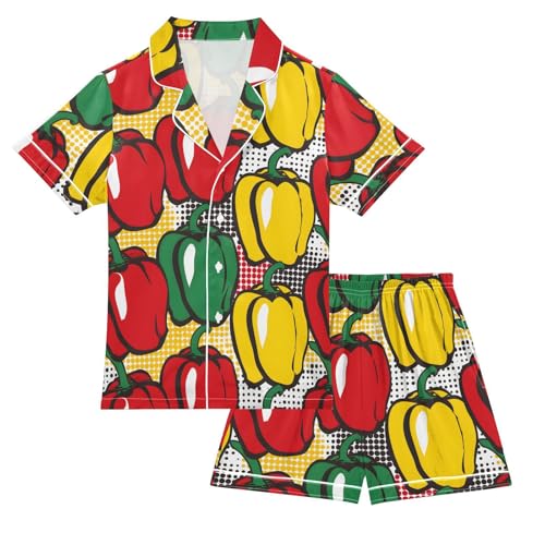 ALAZA Pepper Chili Red Yellow Green Satin Pajamas Set Short Sleeve Button Down Sleepwear Summer Pjs 2 Piece