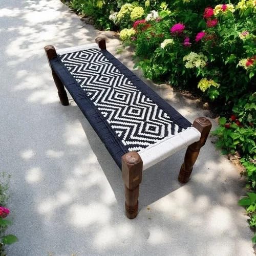 Image of Handwoven Wooden Bench | Traditional Rope Charpai Stool | Solid Wood Frame Seating for Living Room, Balcony & Outdoor | Durable & Stylish Design (Black & White Finish)