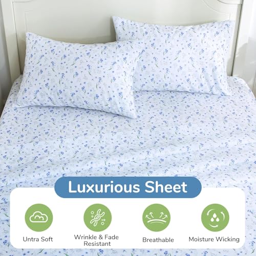 Image of MUXHOMO King Size 4 Piece Sheet Set, Soft & Breathable Sheet for Bedroom with Deep Pocket Up to 16 inch, Wrinkle-Free & Cooling Bed Sheets with Flat Sheet, Fitted Sheet & Pillowcases - Violet Flower