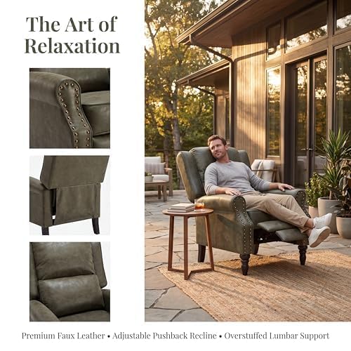Image of Leather Recliner Chair with Adjustable Backrest & Footrest, Green