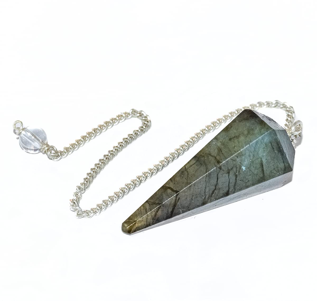 Reshamm® 100% Natural Superior Labradorite Reiki Crystal Healing Stone Douser Pendulum with Chain for guidance for loneliness, heal the inner wound, broken heart, depression, good luck, emotional strength, sixth sense, business career growth Eyes problem mood. Vastu check, Reiki Crystal Healing Energy Benefits, Dowsing, Yoga & Meditation in 3rd eye crown chakra Certified Feng Shui