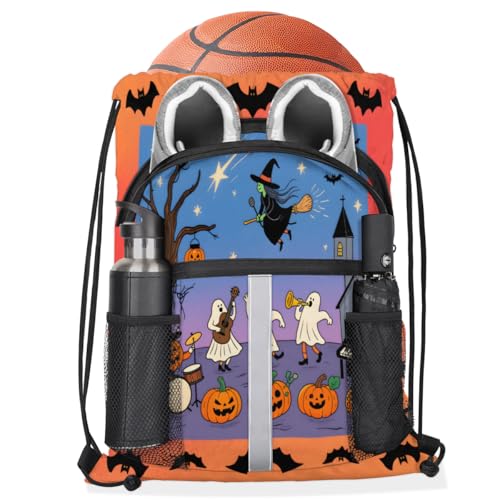 Funny Halloween Drawstring Backpack with Water Bottle Pocket Lightweight String Bag Space Bat Ghost Sports Gym Swim Sackpack for Men Women3
