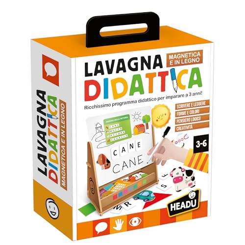 HEADU - Lavagna Didattica Magnetica e in Legno - Ricco Kit Educativo per Imparare a Leggere, Scrivere e Contare con Il Metodo Montessori, Giochi Educativi 3 4 5 6 Anni, Lavagnetta in Legno Magnetica