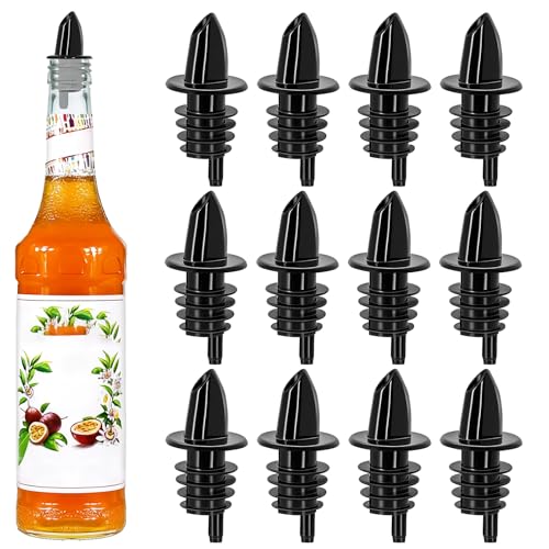 12Pcs Plastic Liquor Free Flow Pourers Syrup Precise Control Bottle Pourers - Professional Pour Spouts for Snow Cone & Drink Flavors (12, Black)