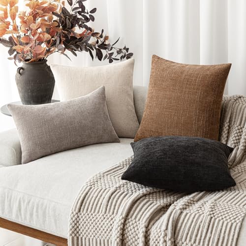 Image of Foindtower Set of 2 Textured Chenille Throw Decorative Pillow Covers Square Accent Solid Cushion Cover Neutral Farmhouse Lumbar Pillow Case for Couch Sofa Bedroom Living Room 12x20 Inch,Light Taupe