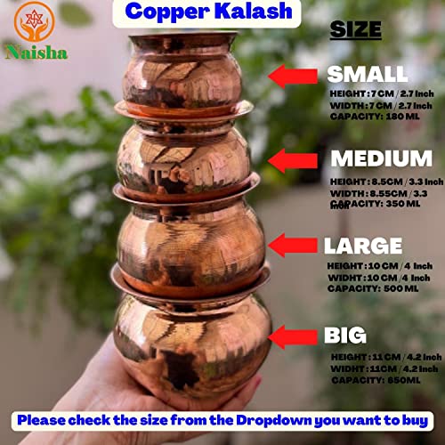 Naisha Indian 100% Copper Kalash, Lota For Puja Wedding Purpose Temple Decoration 350 Ml (8.5 Cm, Height) Medium #TOP4