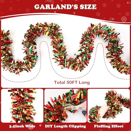 Image of 50FT Christmas Tinsel Garland, Red Green&Gold Metallic Twist Shiny Hanging Garland Ornaments for Christmas Tree, Party Supplies Thick Metallic Xmas Streamers