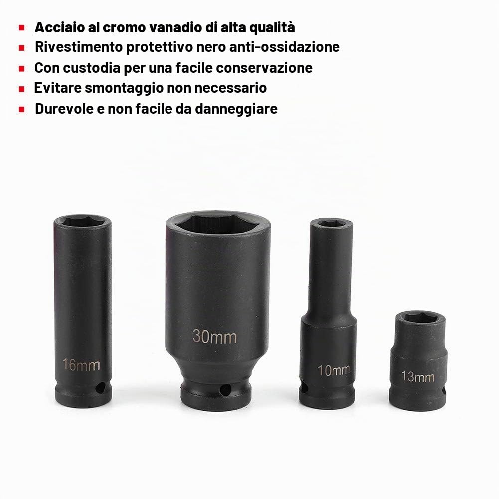 Set di bussole a impatto metrico, 35 pezzi con punta esagonale a bussola, per cricchetto da 1/2 in e punta a 6 punti