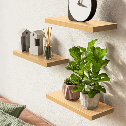Image of BAYKA Floating Shelves for Wall, Wall Mounted Rustic Wood Shelves for Bathroom, Bedroom, Living Room, Kitchen,Small Hanging Shelf for Books /Storage /Room Decor (Light Oak-Toned, Set of 3, 15.7in)