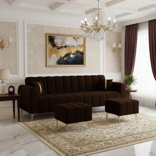 Image of Harmonica 3 Seater Modular L Shape Sofa Set with 2 Ottoman| Soft Velvet Upholstery, Sturdy Wooden Frame | Modern Sofa for Living Room, Hall & Office Spaces (Dark Brown)