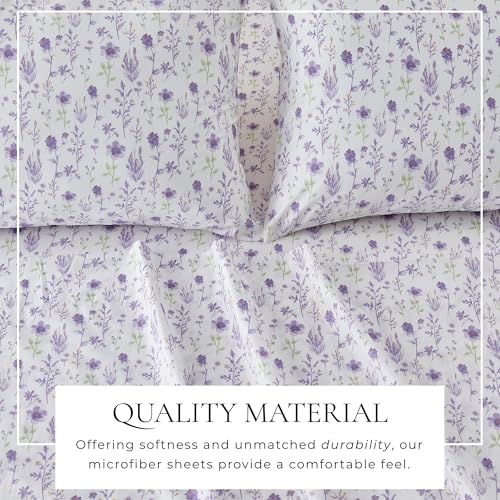 Image of Great Bay Home Twin Size Floral Microfiber Sheet Set - 3-Piece Ultra-Soft, Brushed Bedding Sheets & Pillowcases - Wrinkle Free, Comfortable, All-Season Bed Sheets (Colorful Floral - Lavender)