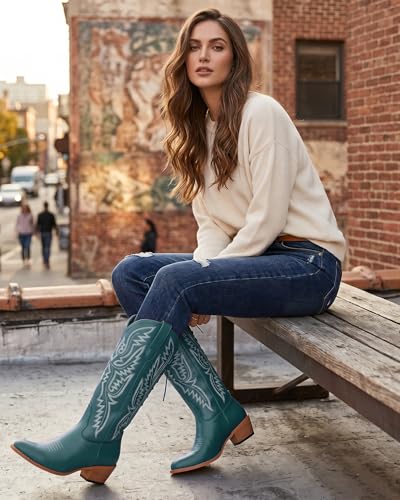 Image of Uillnoodu Wide Calf Cowboy Boots Women Adjustable Lace Up Knee High Tall Plus Size Cowgirl Boots Western Style Comfortable 2-Inch Heel