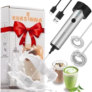 [Upgraded] KURSINNA Powerful Rechargeable Milk Frother Handheld with 3 Speed, USB-Charge Hand Frother with 2 Stainless Whisks, Coffee Frother for Frappe, Latte, Matcha (3 Speed USB Charge)