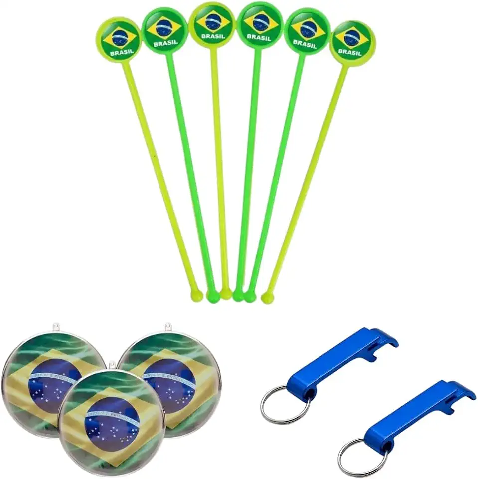 Kit Torcida Festa Brasil Esferas Bandeira Mexedores de Drink Neon Abridor de Garrafa Copa do Mundo