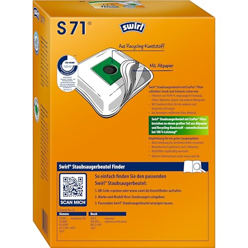 Swirl S 71 EcoPor Staubsaugerbeutel (4 Beutel), reißfeste Staubbeutel für einige Siemens & Bosch Staubsauger, 99,9% Filterung von Hausstaub & allergenem Feinstaub