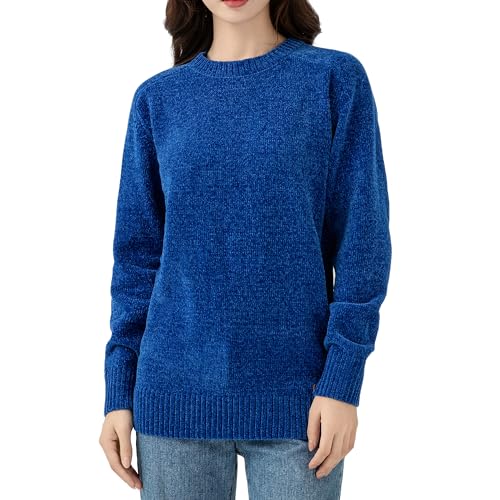 Image of Simple&Opulence Women's Chenille Sweater Crewneck Long Sleeve Pullover Ribbed Cuff Hem Round Neck Jumper Tops