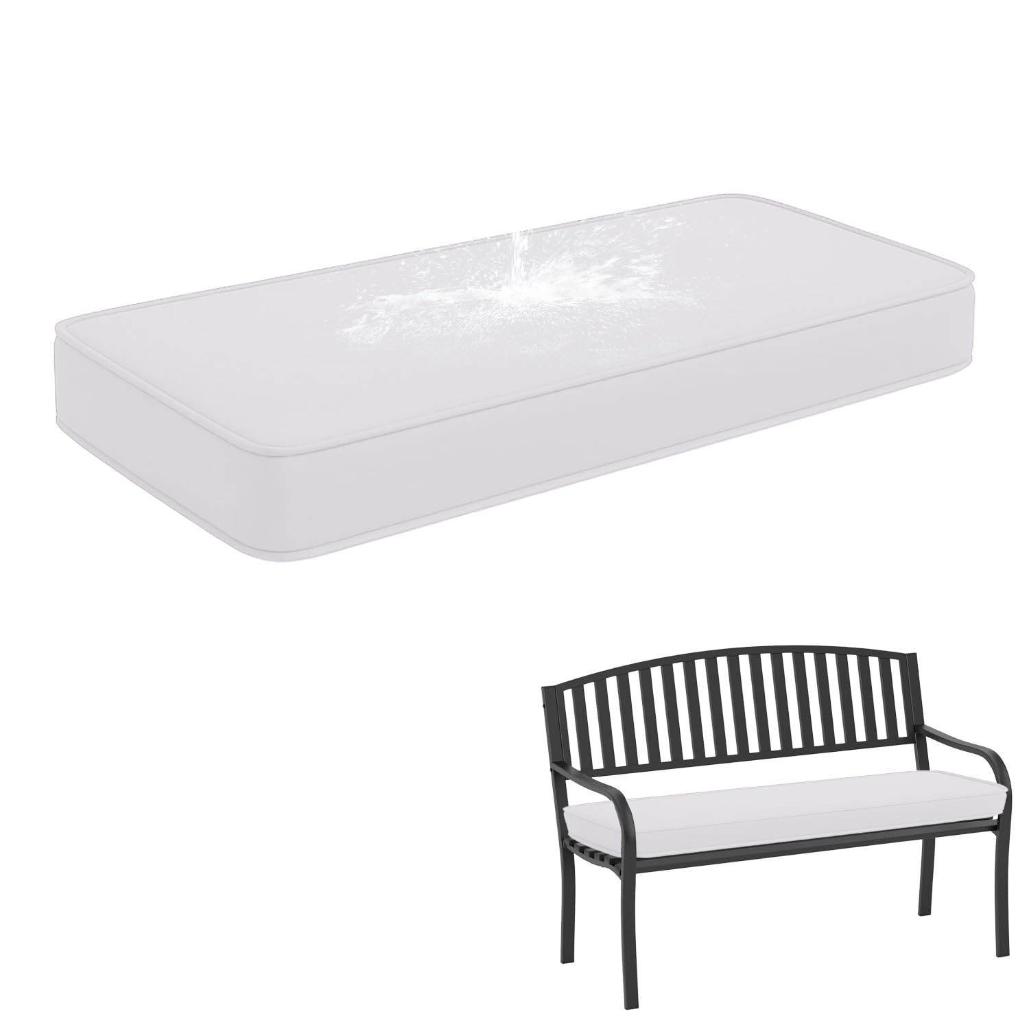 Waterproof Outdoor Bench Cushion with Non-Slip Base & Ties, 50D High Density Foam Bench Seat Cushion, Removable Zipped Cover for Garden, Patio or Window Seat,White,120X40X5cm