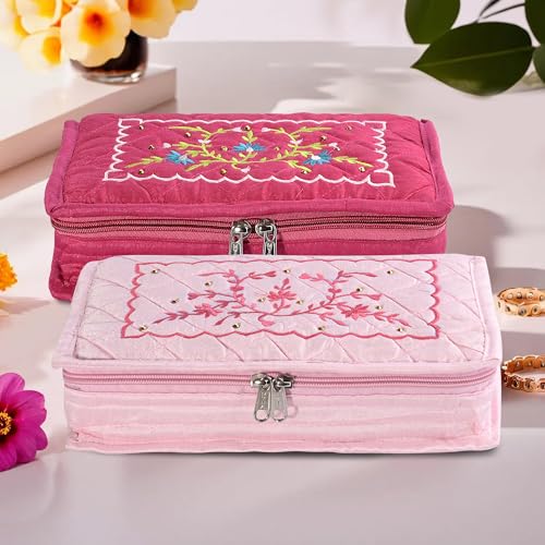 Kuber Industries (Pack of 2) Embroidery Jewellery Box For Women - 7-Compartments Travel Pouch For Gold Storage & Earrings Organizing- Dark & Light Pink
