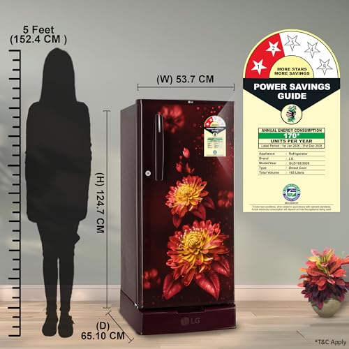 Image of LG 185 L, 2 Star, Direct Cool Single Door Refrigerator (GLD1925XOSF, Scarlet Florance, Base stand with Drawer)