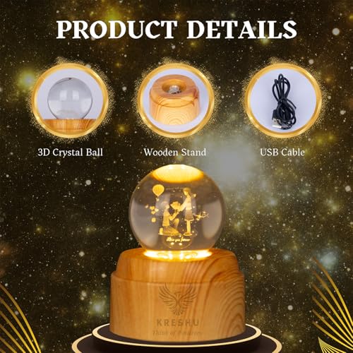 Image of KRESHU Propose 3D Crystal Rotating Glass Ball Dimmable Warm LED Light Wooden Stand Luminous USB Cable Decoration Night Lights for Art Home Decoration Birthday Gift (Pack of 1)