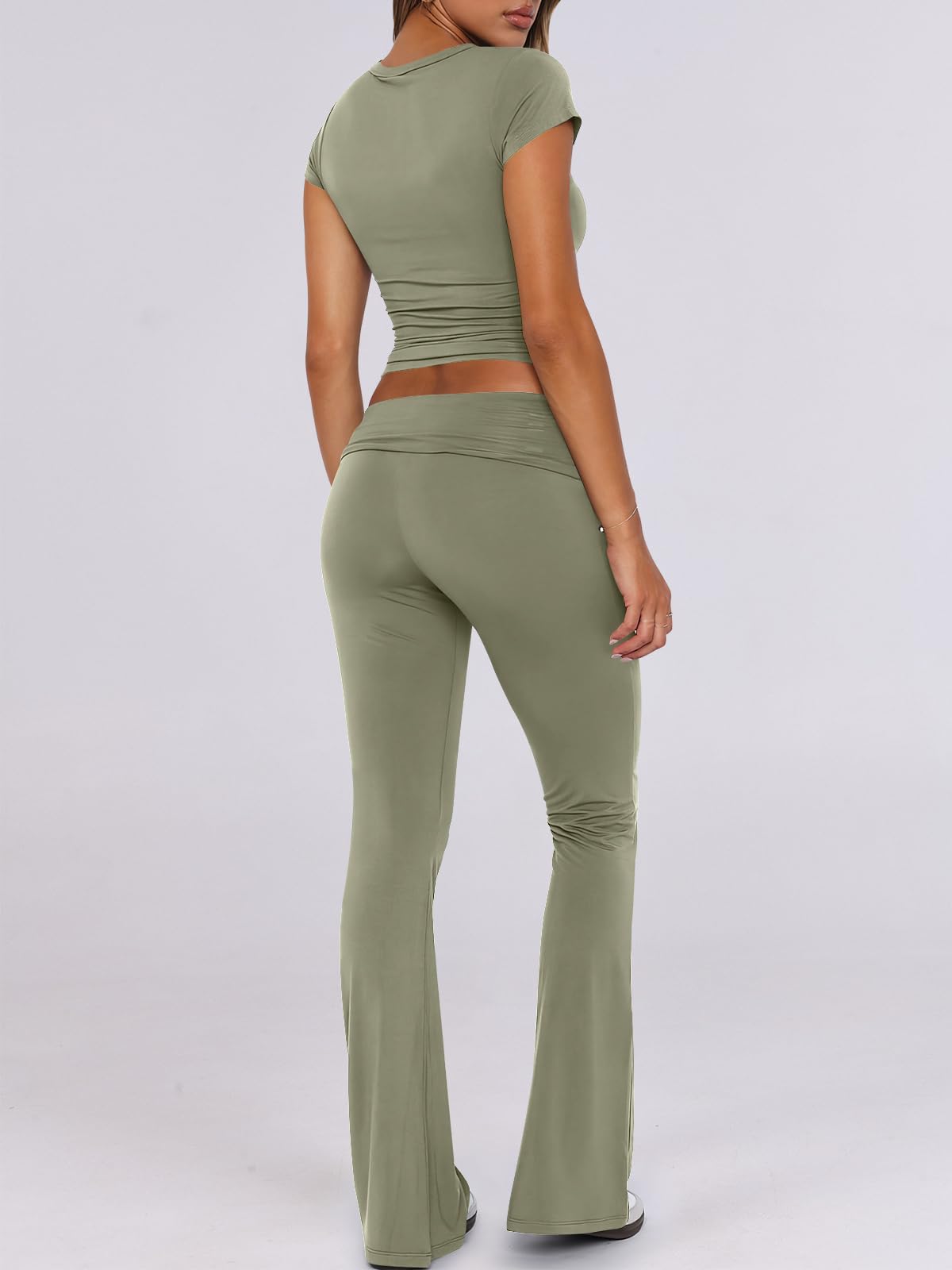ANRABESS Lounge Sets for Women 2 Piece Foldover Yoga Flare Leggings Pants Crop Tops Casual Y2K Outfits Matching Tracksuit Set: Large Olive