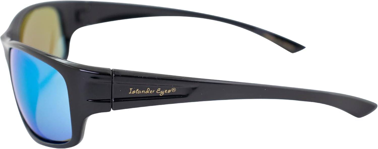 Cayman Polarized Sunglasses for Men or Women Sports Wraparound Black Frame w/Blue Mirror Lens