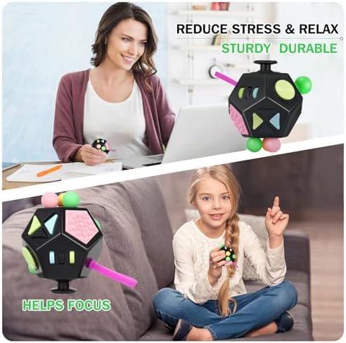 VCOSTORE Fidget Toys, 12 Sided Fidget Toy Cube for Adults Kids, Stress Cube Silent ADHD Autism Toys Anxiety Relief, Black - 5