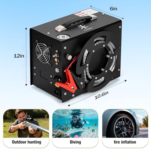 Image of TUXING PCP Air Compressor, Max 4500 PSI, Dual Power Car 12V DC or Home 110V AC, Fast Fill for Air Rifle or Paintball Tank, Built-in Cooling Fan, Portable Pcp Pump (BLACK)