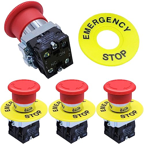 HAAMNING7 Interrupteur à bouton-poussoir d'arrêt d'urgence 2NC 22 mm, forme champignon rouge, pour équipements, arrêt d'urgence, 660 V CA, 10 A (lot de 4)