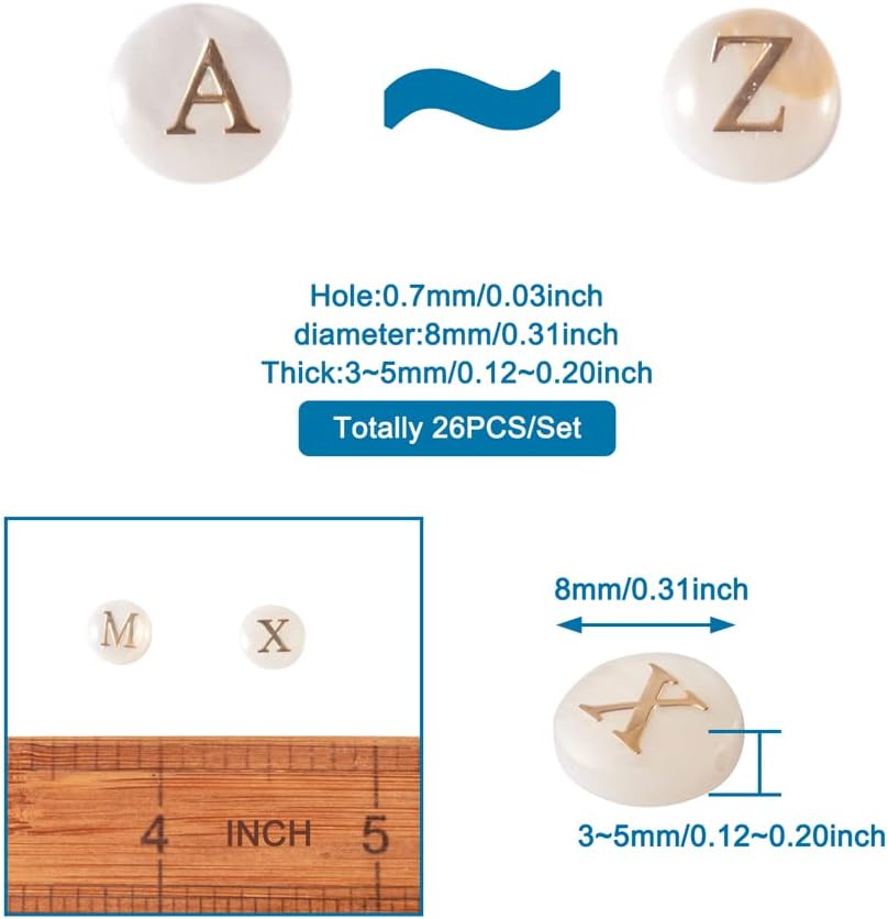 Fashewelry 26pcs Freshwater Shell Letter Beads 8mm Alphabet A-Z Initial Flat Round Mother of Pearl Seashell Beads with Gold ABC English Letter for Bracelet Necklace Earring Jewelry Craft - Image 3