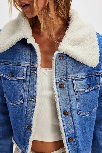 Scofeel Women Cropped Sherpa Denim Jacket Button Down Faux Fur Warm Long Sleeves Coat Top Outwear With Pockets thumb #1