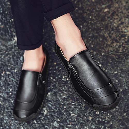 Qiucdzi Mens Leather Comfortable Shoes Hand Stitching Zipper Non-Slip Casual Shoes Loafer Boat Sneaker Black
