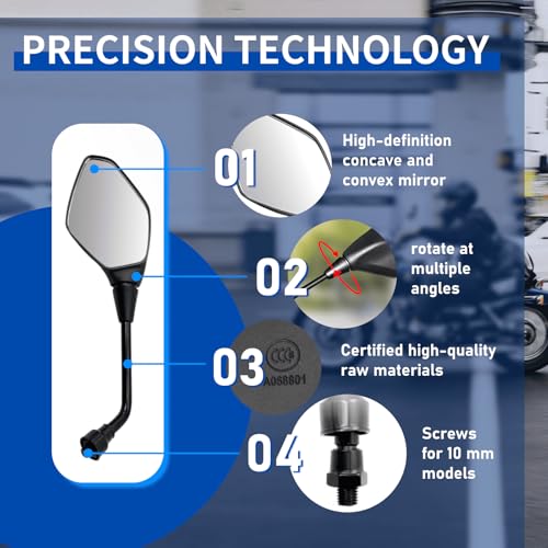 Motorcycle Rearview Mirror, with 7/8 inches 22mm Handlebar clamps, High Definition Mirror, 360-degree Adjustable, with M8, M10 threaded bolt and 2 handlebar clamps - Image 3
