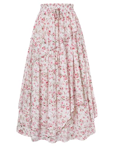 Image of Scarlet Darkness Women Floral Print Boho Skirt Elastic High Waist Long Maxi Skirts with Pockets, Pink Floral, S